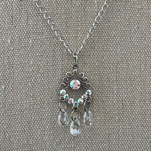 Rhinestone Pendant Necklace Iridescent Teardrop Beads Silver Tone